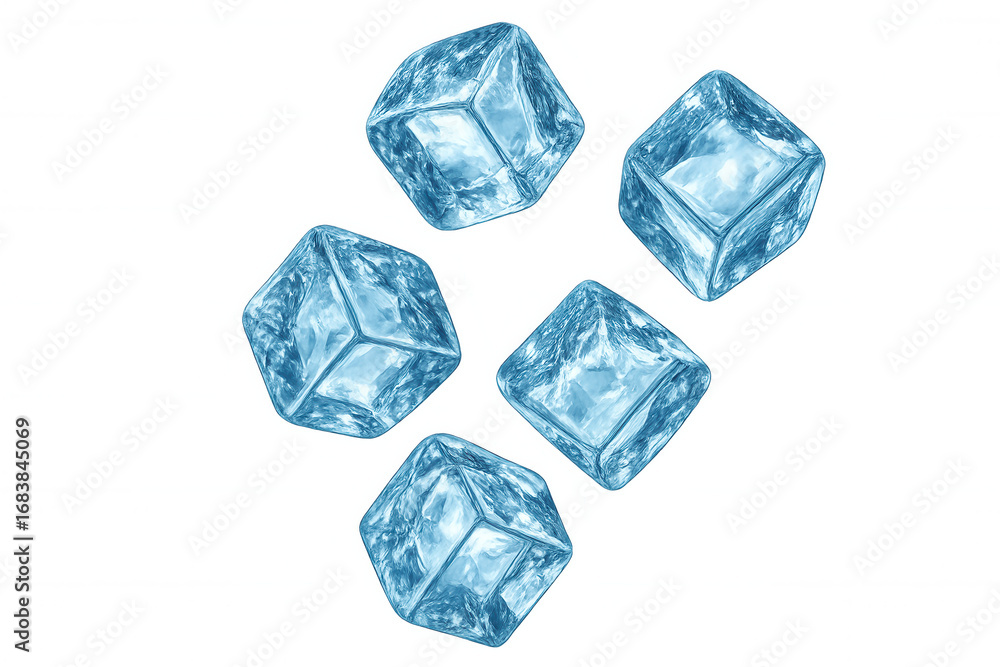 Obraz premium Five ice cubes rotating on transparent background, perfect for refreshing summer drinks, cocktails, and beverages
