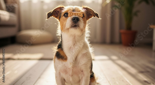 Small dog wearing treat dispenser on nose looking focused indoors with natural lighting. Pet training and interactive toys for dog behavior modification and veterinary services
