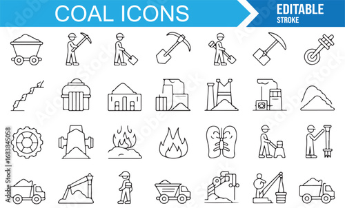 Line art coal icon set featuring shovel, pickaxe, helmet, fire, factory, and fuel industry graphics