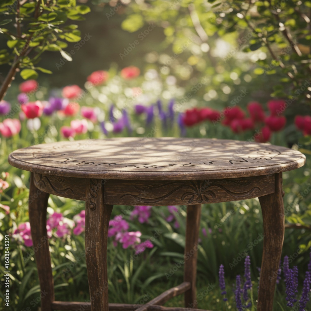Fototapeta premium Rustic Wooden Table in a Colorful Spring Garden