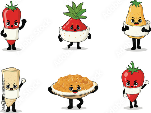 Cute cartoon food characters with expressive faces, vector illustration of anthropomorphic snacks and fruits for children’s design, education, advertising, and playful creative projects