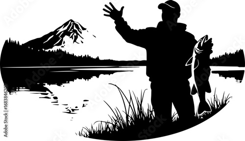 Mountain Lake Fishing Silhouette Design"