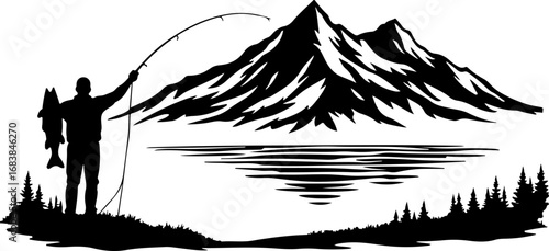 Mountain Lake Fishing Silhouette Design"