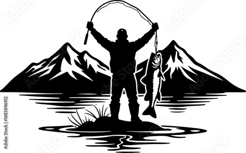 Mountain Lake Fishing Silhouette Design"