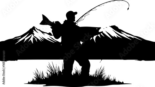 Mountain Lake Fishing Silhouette Design"