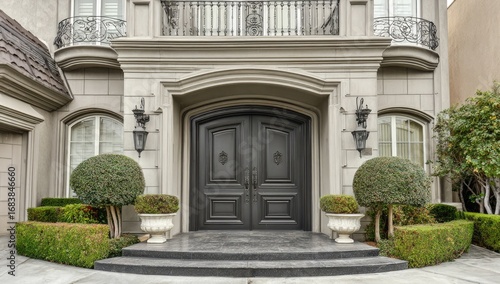 Wallpaper Mural A grand, dark-gray entryway of a stately home, framed by meticulously manicured landscaping, leads to a double doorway. Torontodigital.ca