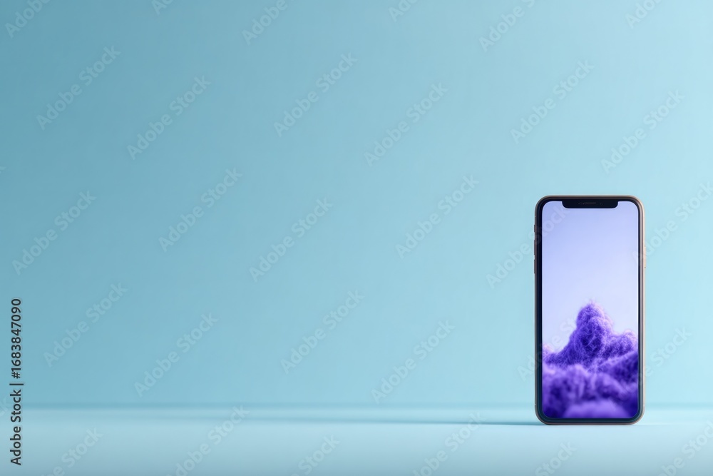 Fototapeta premium Smartphone displays vibrant purple clouds against soft blue back