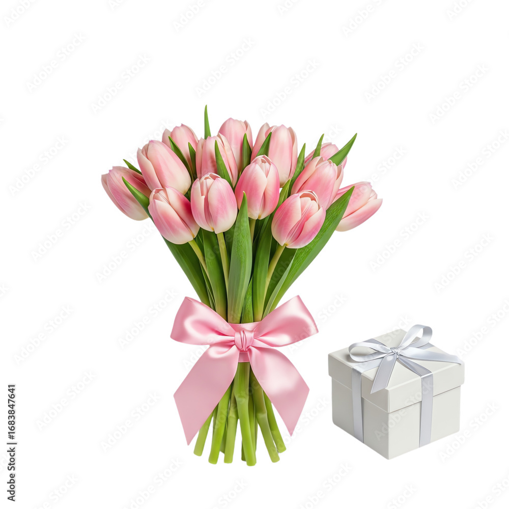 Fototapeta premium Pink tulips with gift isolated on transparent background