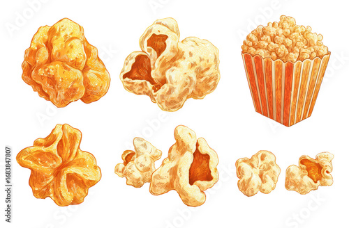 Popcorn variety, close-up illustration.  Different shapes and textures of popcorn kernels, some in a container