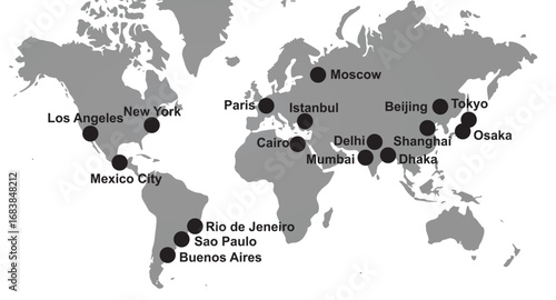 Biggest cities in world on map. vector	
