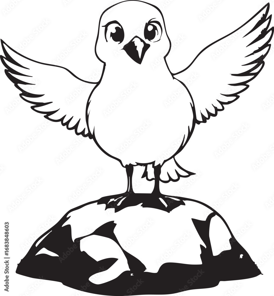 Obraz premium Little Bird on a Rock Sketch for Children's Drawing 