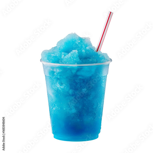 Fotografía a photograph of a blue slushie in a plastic cup with a straw, against a white background, in high resolution