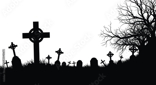 A spooky graveyard with tombstones and crosses, a silhouette against night sky, evoking a sense of loss and remembrance