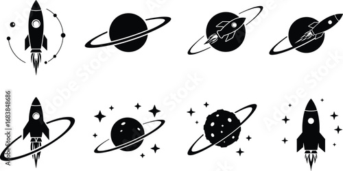 Minimalist space icons, rocket and planet symbols, black and white space exploration graphics, astronomy clipart, cosmic vector set, futuristic design elements