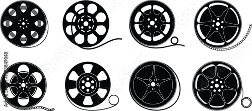 Vintage film reel icons, cinema movie reel illustrations, retro filmstrip symbols, filmmaking graphic design elements, black and white cinema art set