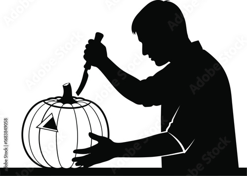 A man carving a pumpkin, creating a festive halloween scene, perfect for adding a touch of autumn to any project or design