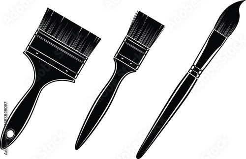 Wide flat paintbrush, angled edge brush, round detail brush, professional painting tools set for artists, decorators, DIY home improvement projects