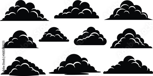 Black cloud silhouette icons, vector weather shapes, fluffy cloud clipart, storm cloud design, cartoon cloud graphics, isolated cloud set illustration