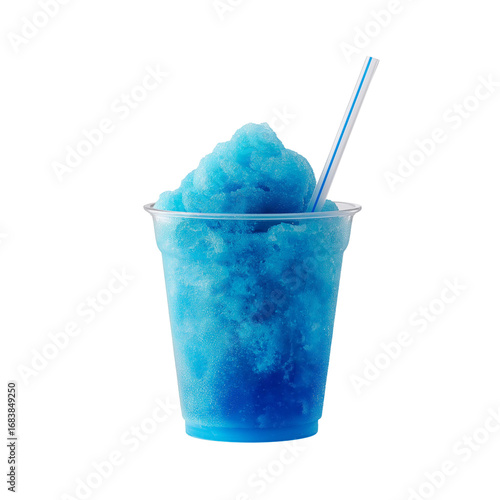 a photograph of a blue slushie in a plastic cup with a straw, against a white background, in high resolution.