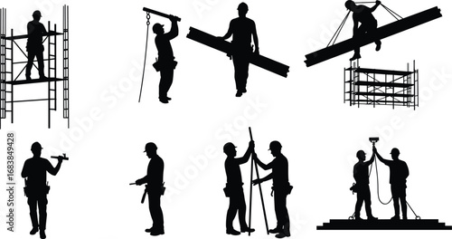 Silhouette construction workers on scaffolding, teamwork, safety harness, heavy lifting, surveying, drilling, building site labor, industrial teamwork, engineering, architecture,