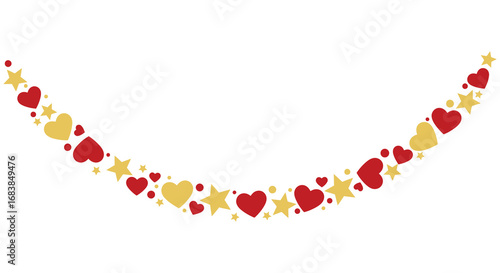 A string of red hearts and gold stars on a white background