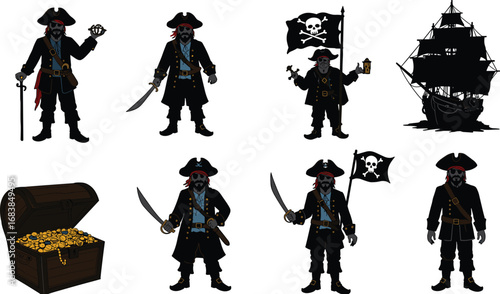 Pirate, buccaneer, treasure, ship, skull, crossbones, sword, compass, lantern, flag, gold, chest, adventure, sailing, ocean, nautical, maritime, illustration, cartoon, vector