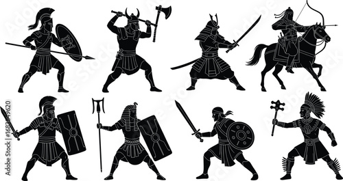 Silhouettes of historical warriors from different cultures with weapons and armor, ancient soldiers, samurai, Viking, knight, Aztec, Mongol, medieval fighter