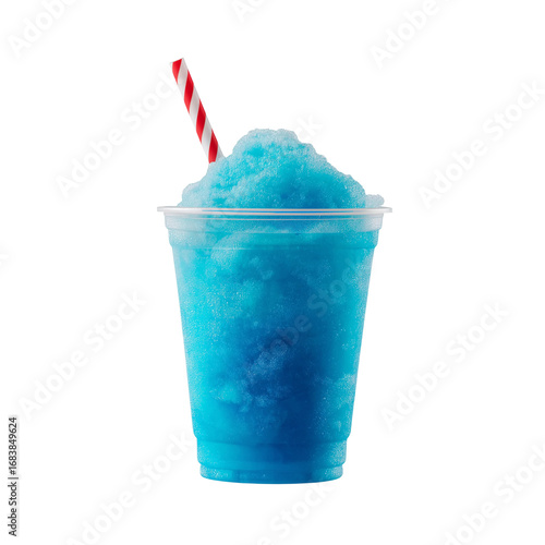 a photograph of a blue slushie in a plastic cup with a straw, against a white background, in high resolution.