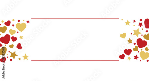 A romantic border of red and gold hearts and stars on white background