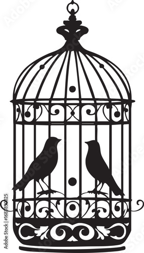 Intricate silhouette of two birds in a vintage birdcage
