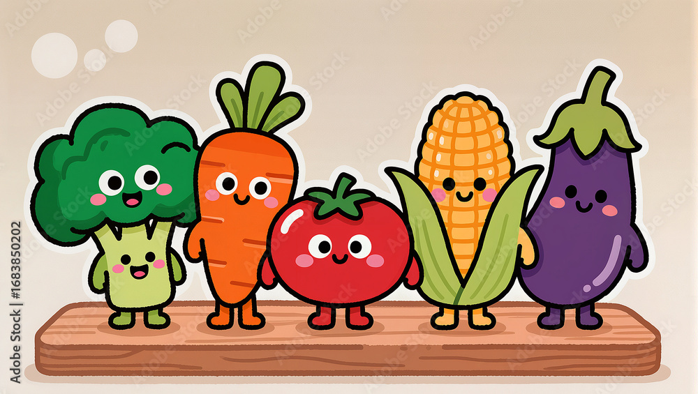 Obraz premium Cute Vegetable Characters on a Wooden Shelf