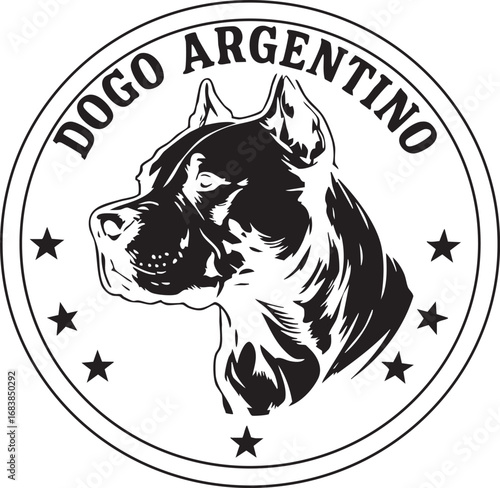 Detailed dog graphic with stars in a circular frame
