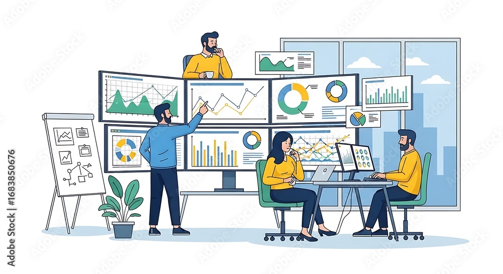 Fototapeta premium Illustration of team of analysts reviewing data on multiple monitors in a modern office