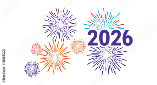New Year Celebration Fireworks With Colorful Explosions And The Year 2026 In Purple Text