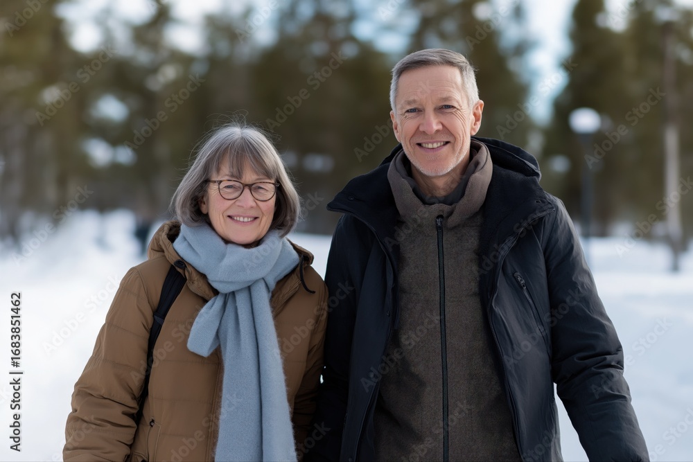 Obraz premium Mature caucasian couple smiling in winter clothing outdoors in a snowy landscape