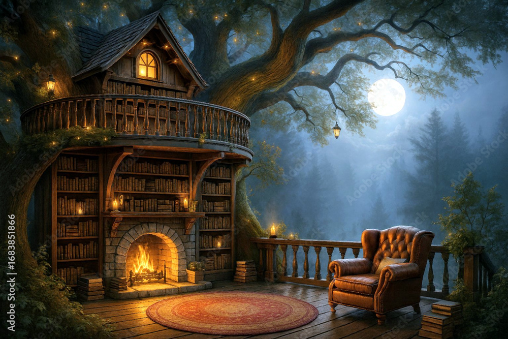 Fototapeta premium Enchanted tree library with fireplace and armchair, warm glowing reading nook nestled in a whimsical night garden