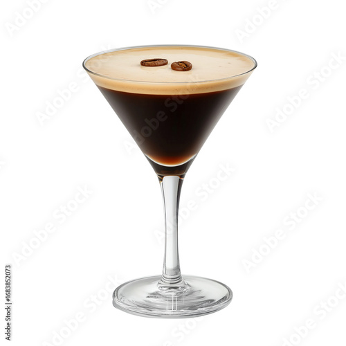a coffee martini with two coffee beans on top, presented in an elegant glass against a white background. the drink's rich color and the small accents of coffee 