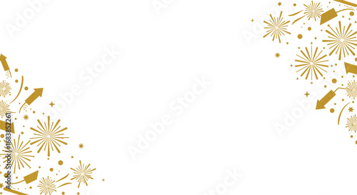 gold fireworks and confetti on white background for celebration or party invitation