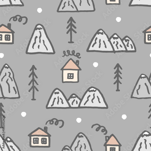 Vector seamless pattern with freehand drawn cartoon houses with windows chimney smoke mountains rocks fir trees snow snowflackes north made in kid childish style on gray background