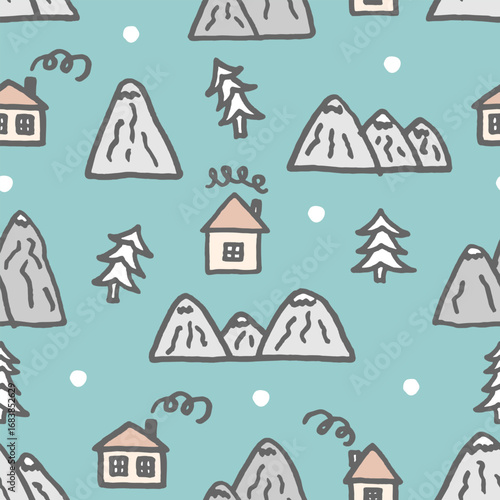 Vector seamless pattern with freehand drawn cartoon houses with windows chimney smoke mountains rocks fir trees snow snowflackes north made in kid childish style on gray background