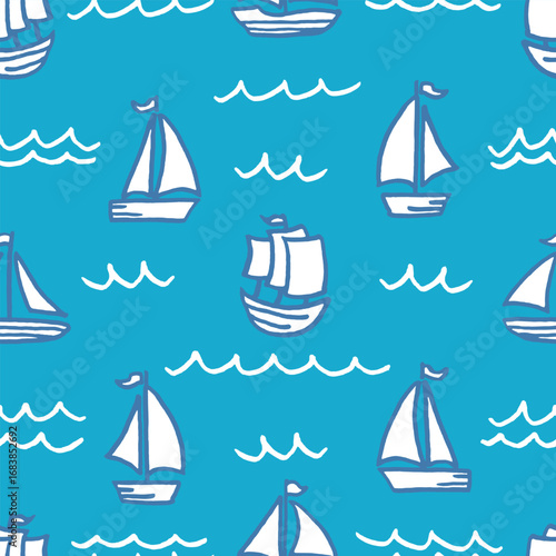 Vector seamless pattern with freehand drawn cartoon sea ocean sail sailing ships boats transport waves waves made in kid childish style on blue background