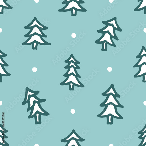 Vector seamless pattern with freehand drawn cartoon fir trees snow snowflakes made in kid childish style on green background