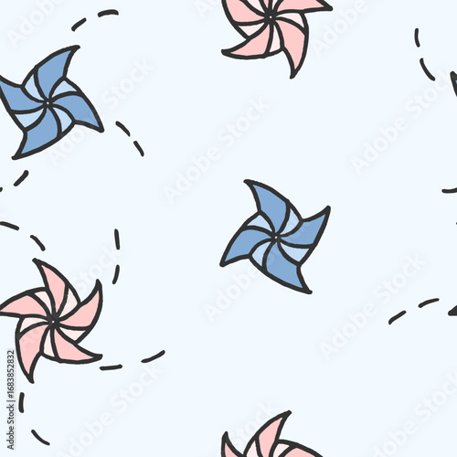 Vector seamless pattern with freehand drawn cartoon pinweels with rotated tracks on light blue background