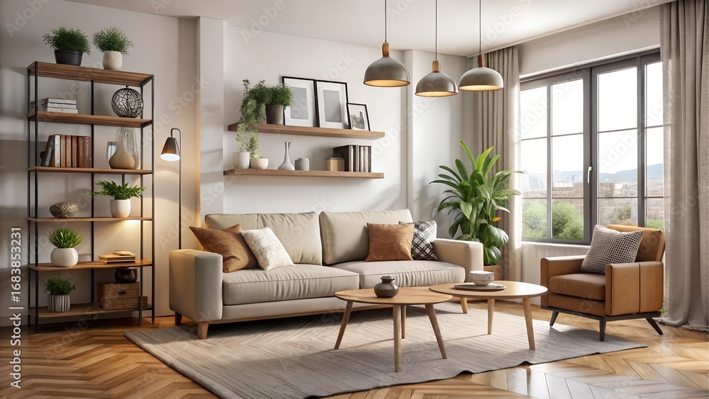 Fototapeta premium Cozy living room with sofa, armchair and coffee table