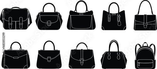 Black silhouette vector set of handbags, backpacks, purses, satchels, totes, fashion accessories, isolated icons, stylish bag design collection