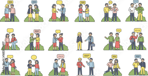 Collection of People Talking and Interacting with Speech Bubbles in Various Social Communication Scenes on Minimal Green Background Vector Set