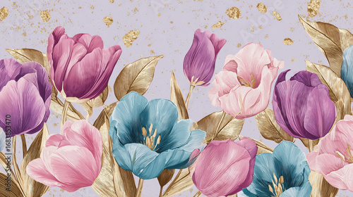 Wallpaper Mural watercolor pictures Natural little a Tulip flower field in a lifestyle style expressing wonder with pastel floral shades and golden lighting harmony Torontodigital.ca