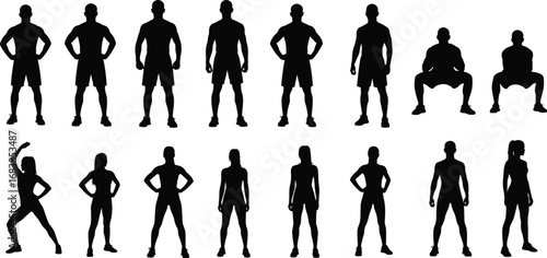 Human silhouette poses collection featuring male and female standing, sitting, squatting postures for anatomy, fitness, design, and reference use