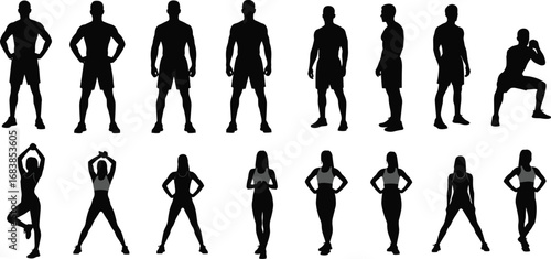Male and female silhouette poses in standing, squatting, and yoga positions for fitness, anatomy, design reference, and stock illustration use