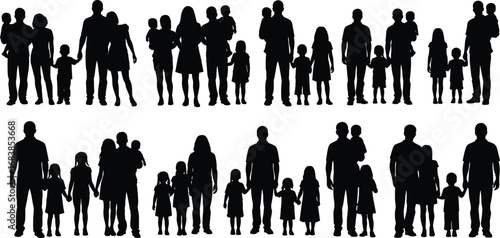 Silhouette diverse family groups, parents and children, single parent, two parent, multiple kids, standing together, holding hands, generational unity, love